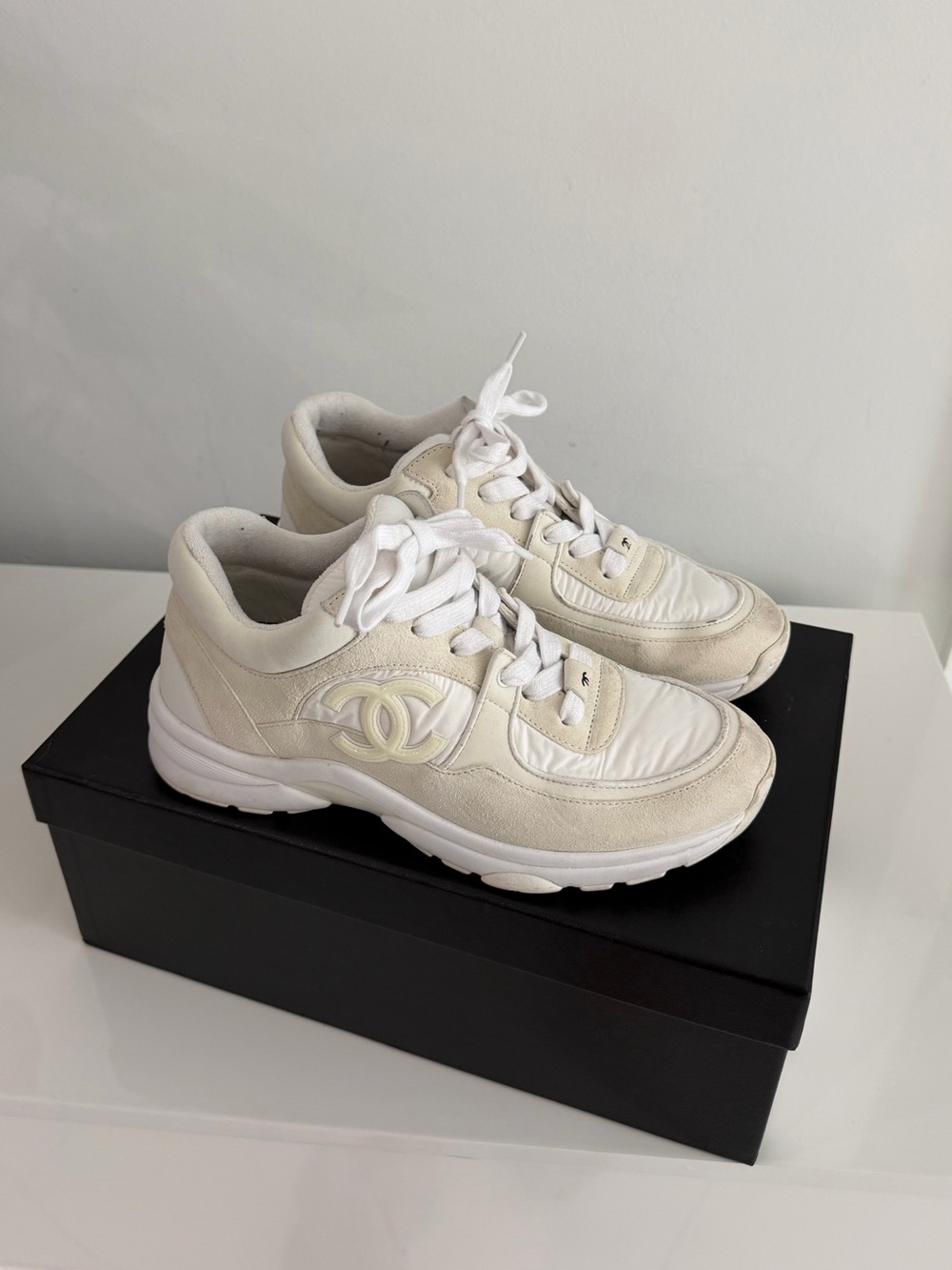 CHANEL Cream & White Suede Lace-Up Sneakers - Picture 1 of 3